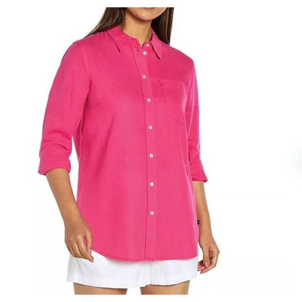 Gap Women's Top S Linen Blend Button Front Long Sleeve Shirt Pink Size S